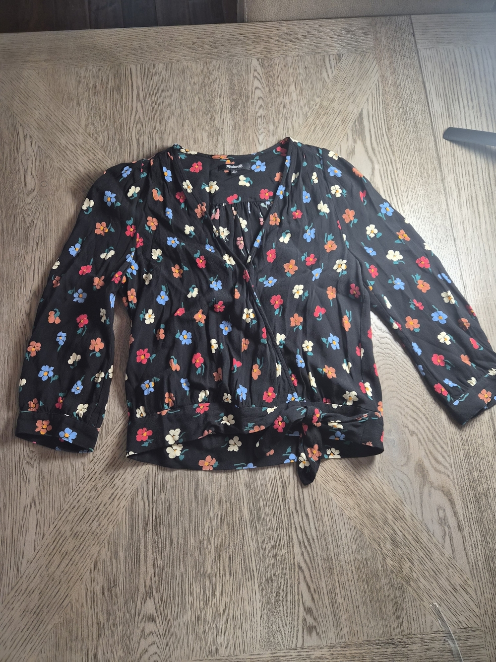 Madewell Black Floral Tie-Front Blouse with Multicolor Flowers